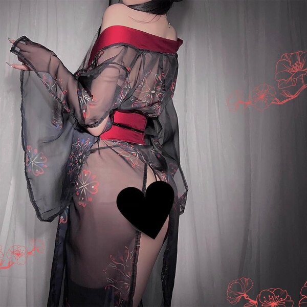 Lencería sexy tipo kimono para mujer, disfraz de cosplay, bata de perspectiva, lindo frente abierto, cuello en V profundo, patrón floral, vestido corto, japonés, Yukata, anime, abertura - Imagen 3
