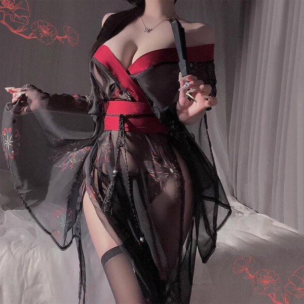 Lencería sexy tipo kimono para mujer, disfraz de cosplay, bata de perspectiva, lindo frente abierto, cuello en V profundo, patrón floral, vestido corto, japonés, Yukata, anime, abertura - Imagen 7