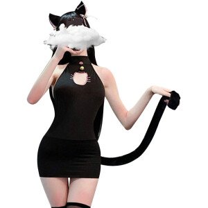 YOMORIO Lencería de gato de anime, linda cara de gato, con abertura de cerradura, vestidos ajustados para
