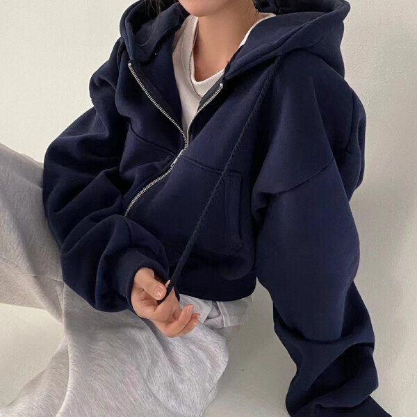 2024 primavera otoño nuevo Insfleece-forrado versátil recortado Slims suaviza silueta con cremallera cálido azul marino Sudadera con capucha Mujer - Imagen 3