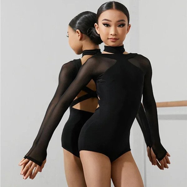 Ropa de baile latino negra, mono para niñas, leotardo de manga larga, Tops latinos, Ropa de actuación de baile de salón, mono Cha para niños - Imagen 2