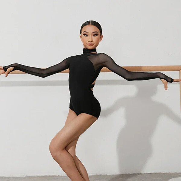 Ropa de baile latino negra, mono para niñas, leotardo de manga larga, Tops latinos, Ropa de actuación de baile de salón, mono Cha para niños - Imagen 5