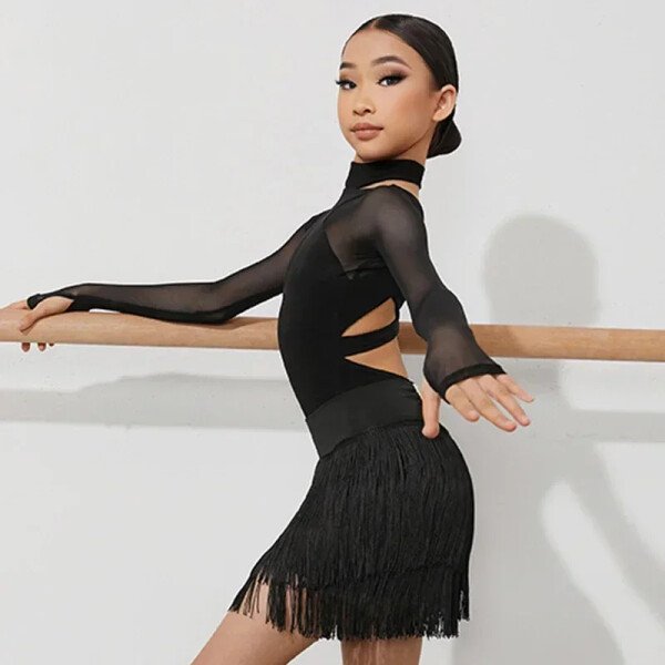 Ropa de baile latino negra, mono para niñas, leotardo de manga larga, Tops latinos, Ropa de actuación de baile de salón, mono Cha para niños - Imagen 6