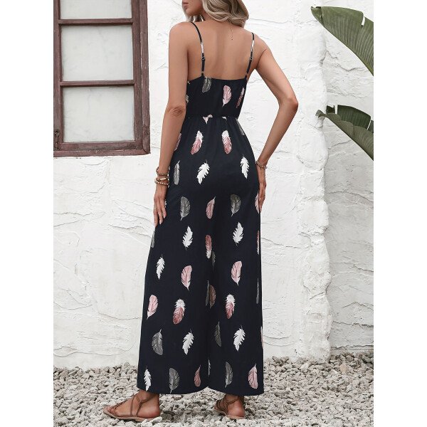 Mono camisola elegante con estampado de plumas para mujer, pernera ancha y diseño sin mangas - Image 2
