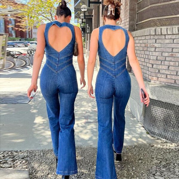 Fmxirex-mono ajustado con recorte de corazón y espalda descubierta para mujer, trajes informales ajustados sin mangas de una pieza, monos vaqueros Retro, novedad de 2025 - Image 2