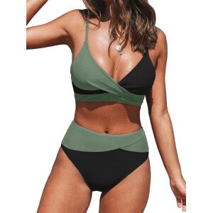 CUPSHE Conjunto de bikini de dos piezas para mujer, traje de baño de cintura alta, cuello en V, nudo frontal, tirantes delgados ajustables