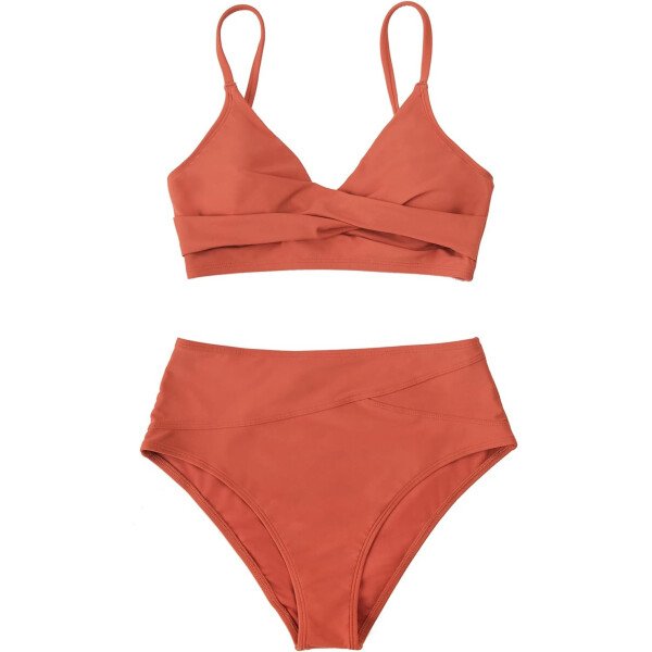 CUPSHE Conjunto de bikini de dos piezas para mujer, traje de baño de cintura alta, cuello en V, nudo frontal, tirantes delgados ajustables - Imagen 21
