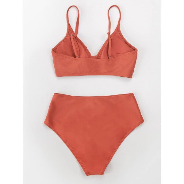 CUPSHE Conjunto de bikini de dos piezas para mujer, traje de baño de cintura alta, cuello en V, nudo frontal, tirantes delgados ajustables - Imagen 22