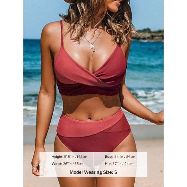 CUPSHE Conjunto de bikini de dos piezas para mujer, traje de baño de cintura alta, cuello en V, nudo frontal, tirantes delgados ajustables - Imagen 97