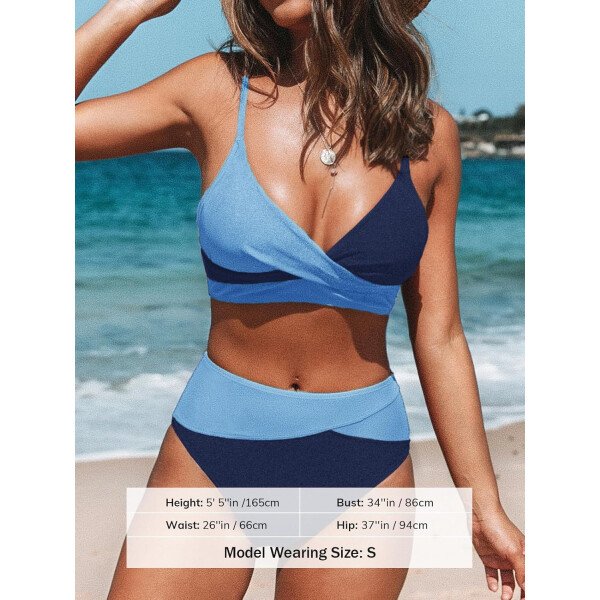 CUPSHE Conjunto de bikini de dos piezas para mujer, traje de baño de cintura alta, cuello en V, nudo frontal, tirantes delgados ajustables - Imagen 164