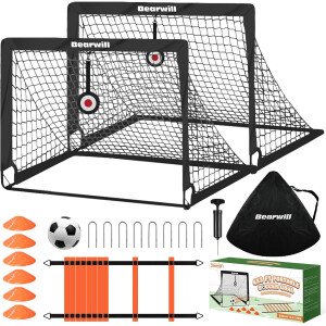 Portería de fútbol, porterías de fútbol para niños para patio trasero, juego de 2, red de fútbol portátil de 4 x 3 pies, equipo de entrenamiento de red de fútbol para niños con pelota de