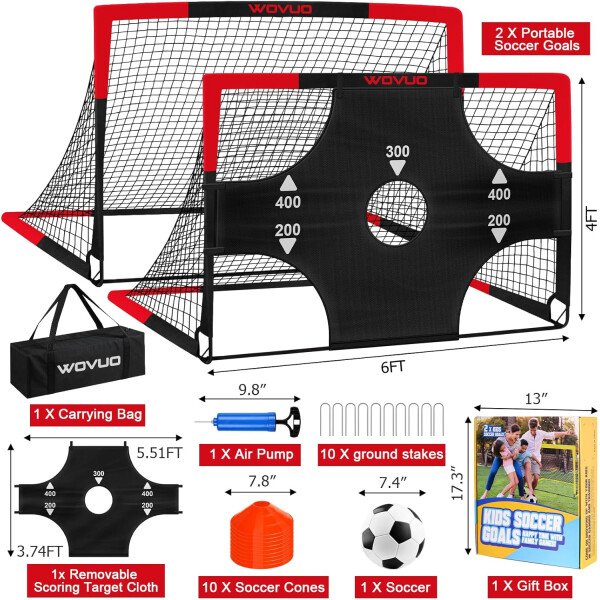 Kids Soccer Goals for Backyard Set of 2, 6x4 ft Portable Toddler Soccer Goal Training Equipment with Soccer Target, Ball, Cones, Soccer Net for Kids Age 3-5 6-8 8-12 10-12-14 Outdoor Sports Games Gift - Imagen 2