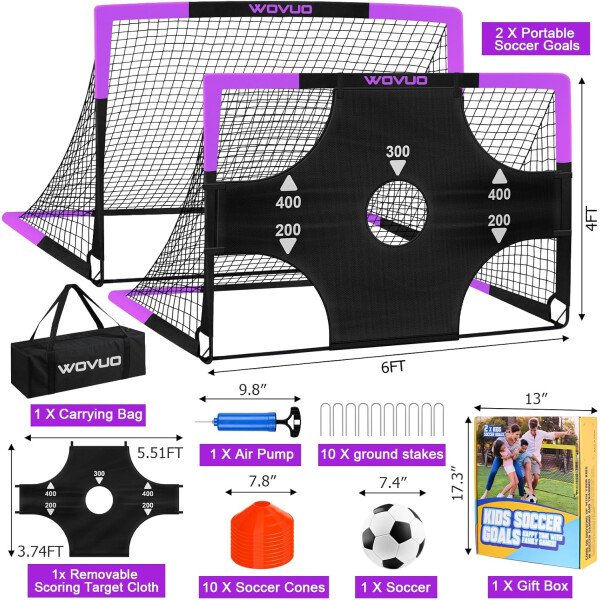 Kids Soccer Goals for Backyard Set of 2, 6x4 ft Portable Toddler Soccer Goal Training Equipment with Soccer Target, Ball, Cones, Soccer Net for Kids Age 3-5 6-8 8-12 10-12-14 Outdoor Sports Games Gift - Imagen 16