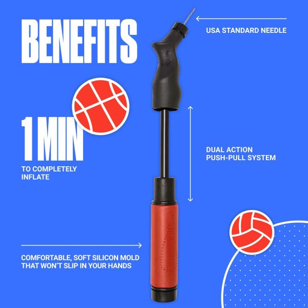 SPORTBIT Ball Pump for Sports Balls - Push & Pull Inflating System - Hand Pump for All Exercise Balls - Volleyball Pump, Basketball Inflator, Football & Soccer Ball Air Pump - Goes with 5 Needles Set - Image 3