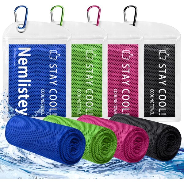 Paquete de 4 toallas refrescantes, suaves y transpirables para cuello y cara, toallas de gimnasio de microfibra para hombres y mujeres con bolsa impermeable y mosquetón, toalla de sudor para