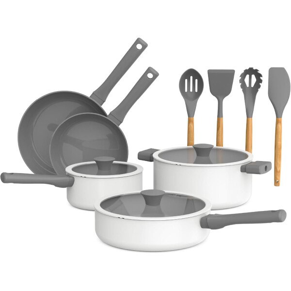 So Yummy by bella - Juego de utensilios de cocina de 12 piezas con revestimiento antiadherente de cerámica EverGood™ y utensilios de silicona y madera, tapas de silicona y vidrio, aptos para