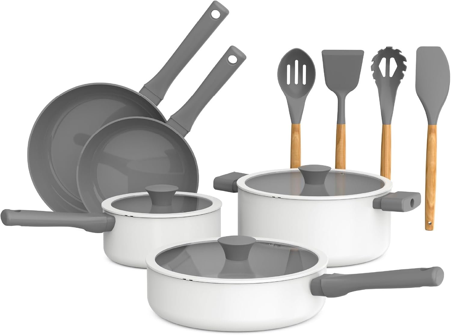 So Yummy by bella - Juego de utensilios de cocina de 12 piezas con revestimiento antiadherente de cerámica EverGood™ y utensilios de silicona y madera, tapas de silicona y vidrio, aptos para