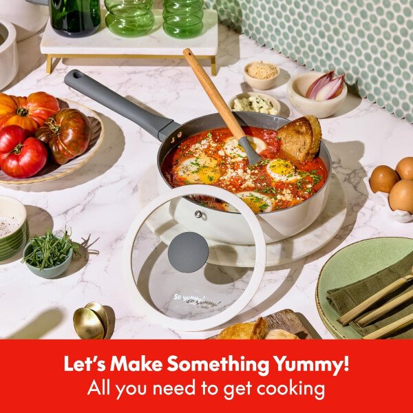 So Yummy by bella - Juego de utensilios de cocina de 12 piezas con revestimiento antiadherente de cerámica EverGood™ y utensilios de silicona y madera, tapas de silicona y vidrio, aptos para - Imagen 2