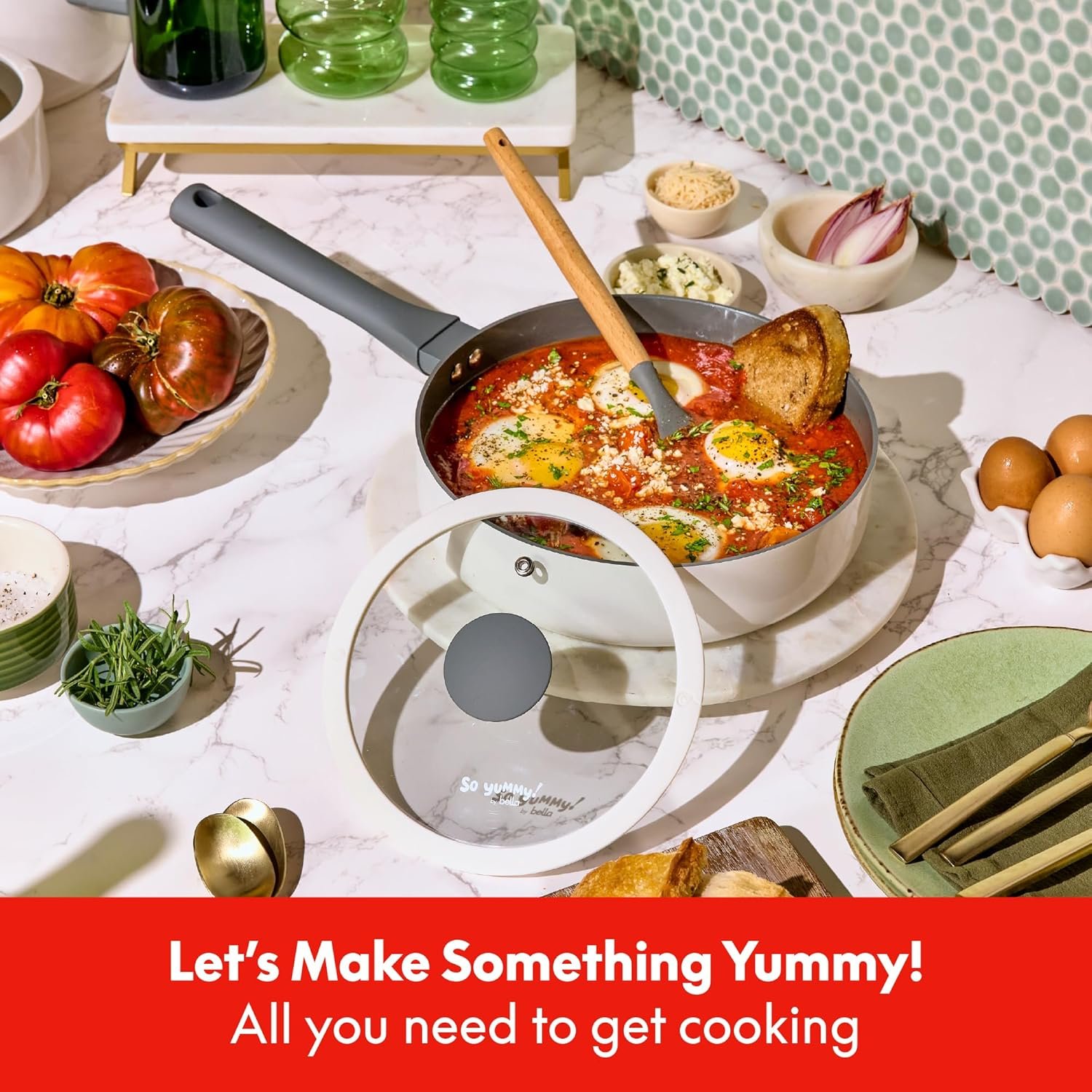 So Yummy by bella - Juego de utensilios de cocina de 12 piezas con revestimiento antiadherente de cerámica EverGood™ y utensilios de silicona y madera, tapas de silicona y vidrio, aptos para - Imagen 2