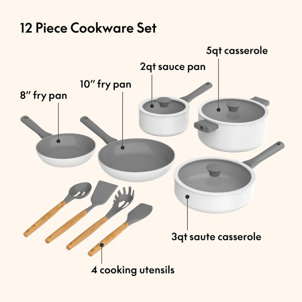 So Yummy by bella - Juego de utensilios de cocina de 12 piezas con revestimiento antiadherente de cerámica EverGood™ y utensilios de silicona y madera, tapas de silicona y vidrio, aptos para - Imagen 4