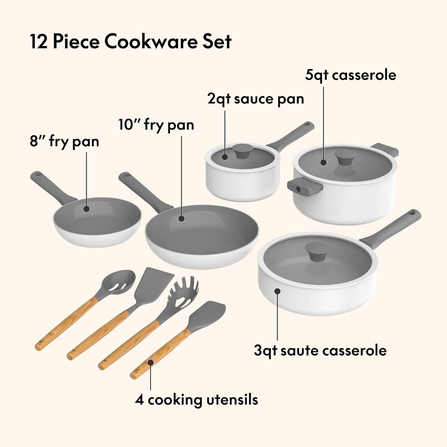 So Yummy by bella - Juego de utensilios de cocina de 12 piezas con revestimiento antiadherente de cerámica EverGood™ y utensilios de silicona y madera, tapas de silicona y vidrio, aptos para - Imagen 4
