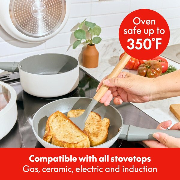 So Yummy by bella - Juego de utensilios de cocina de 12 piezas con revestimiento antiadherente de cerámica EverGood™ y utensilios de silicona y madera, tapas de silicona y vidrio, aptos para - Imagen 7