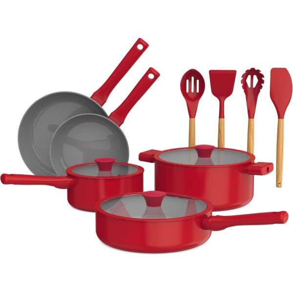 So Yummy by bella - Juego de utensilios de cocina de 12 piezas con revestimiento antiadherente de cerámica EverGood™ y utensilios de silicona y madera, tapas de silicona y vidrio, aptos para - Imagen 9