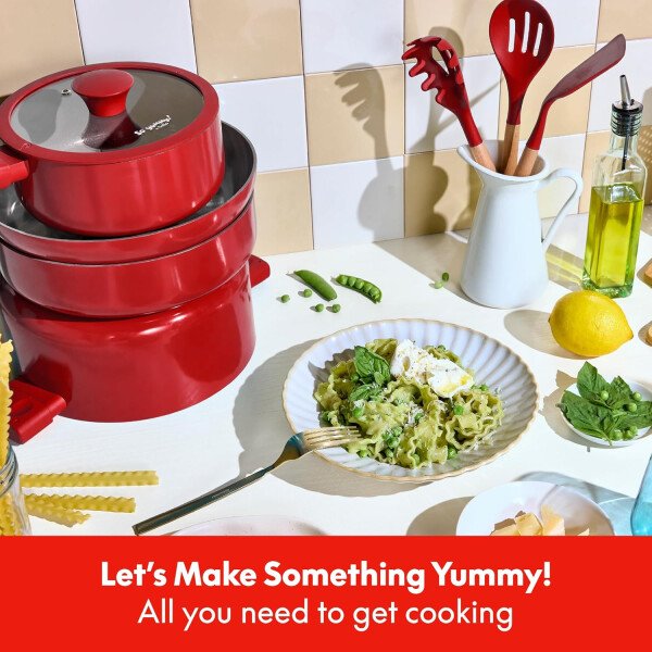 So Yummy by bella - Juego de utensilios de cocina de 12 piezas con revestimiento antiadherente de cerámica EverGood™ y utensilios de silicona y madera, tapas de silicona y vidrio, aptos para - Imagen 10