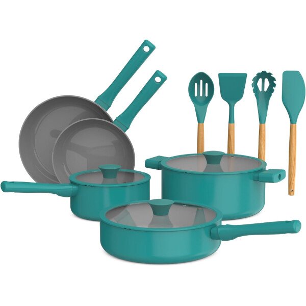 So Yummy by bella - Juego de utensilios de cocina de 12 piezas con revestimiento antiadherente de cerámica EverGood™ y utensilios de silicona y madera, tapas de silicona y vidrio, aptos para - Imagen 16