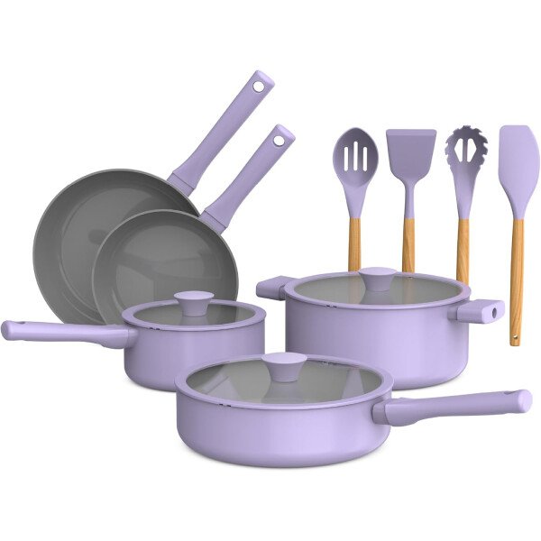 So Yummy by bella - Juego de utensilios de cocina de 12 piezas con revestimiento antiadherente de cerámica EverGood™ y utensilios de silicona y madera, tapas de silicona y vidrio, aptos para - Imagen 23