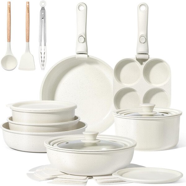 GiPP Ceramic Pots and Pans Set Non Stick, Nonstick Detachable Handle Cookware Sets, Healthy Non Toxic PFAS PFOA & PTFE Free, Dishwasher ＆Oven Safe, Induction Kitchen Pot and Pan, 21 Piece Cream