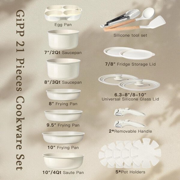 GiPP Ceramic Pots and Pans Set Non Stick, Nonstick Detachable Handle Cookware Sets, Healthy Non Toxic PFAS PFOA & PTFE Free, Dishwasher ＆Oven Safe, Induction Kitchen Pot and Pan, 21 Piece Cream - Imagen 2