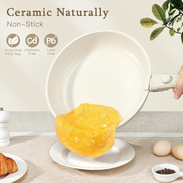 GiPP Ceramic Pots and Pans Set Non Stick, Nonstick Detachable Handle Cookware Sets, Healthy Non Toxic PFAS PFOA & PTFE Free, Dishwasher ＆Oven Safe, Induction Kitchen Pot and Pan, 21 Piece Cream - Imagen 3