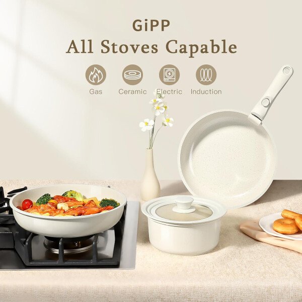 GiPP Ceramic Pots and Pans Set Non Stick, Nonstick Detachable Handle Cookware Sets, Healthy Non Toxic PFAS PFOA & PTFE Free, Dishwasher ＆Oven Safe, Induction Kitchen Pot and Pan, 21 Piece Cream - Imagen 7