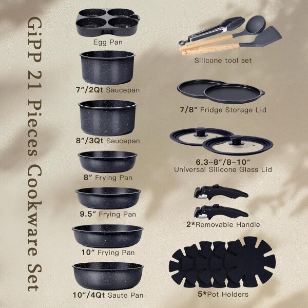 GiPP Ceramic Pots and Pans Set Non Stick, Nonstick Detachable Handle Cookware Sets, Healthy Non Toxic PFAS PFOA & PTFE Free, Dishwasher ＆Oven Safe, Induction Kitchen Pot and Pan, 21 Piece Cream - Imagen 12