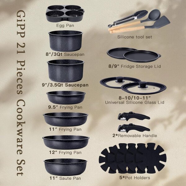 GiPP Ceramic Pots and Pans Set Non Stick, Nonstick Detachable Handle Cookware Sets, Healthy Non Toxic PFAS PFOA & PTFE Free, Dishwasher ＆Oven Safe, Induction Kitchen Pot and Pan, 21 Piece Cream - Imagen 24