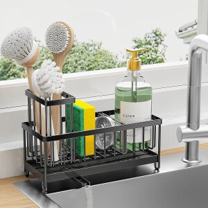 Cisily Soporte de esponja negro para fregadero de cocina, organizador de fregadero con soporte alto para cepillos, organizadores de encimera de cocina y artículos esenciales de almacenamiento, acero