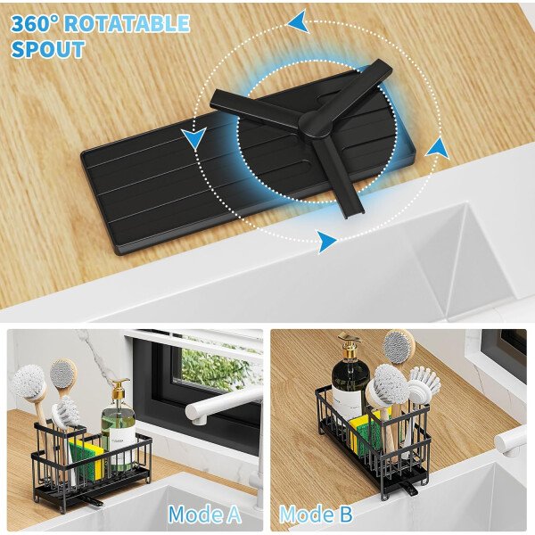 Cisily Soporte de esponja negro para fregadero de cocina, organizador de fregadero con soporte alto para cepillos, organizadores de encimera de cocina y artículos esenciales de almacenamiento, acero - Imagen 2