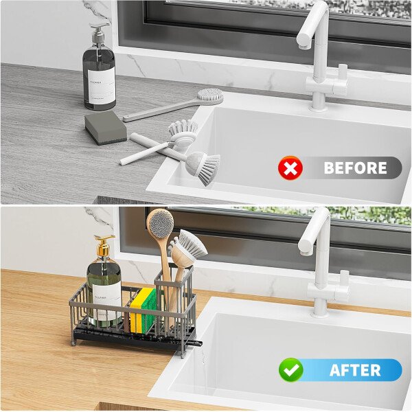 Cisily Soporte de esponja negro para fregadero de cocina, organizador de fregadero con soporte alto para cepillos, organizadores de encimera de cocina y artículos esenciales de almacenamiento, acero - Imagen 53