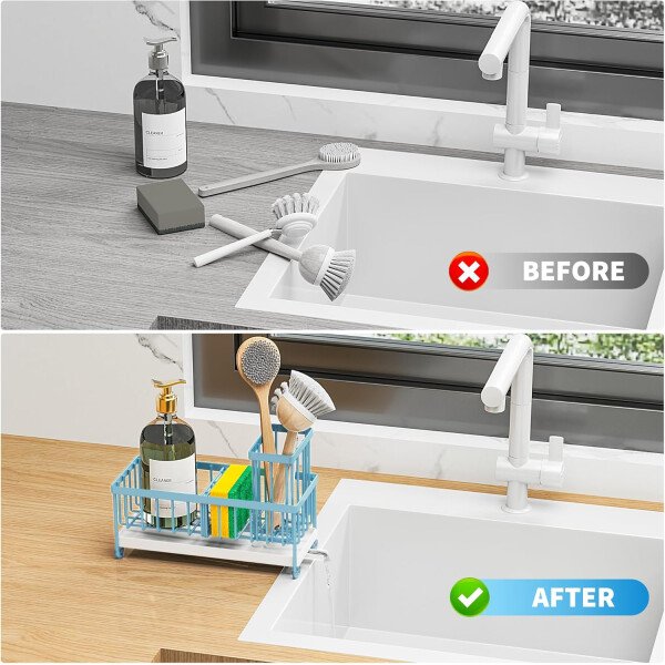 Cisily Soporte de esponja negro para fregadero de cocina, organizador de fregadero con soporte alto para cepillos, organizadores de encimera de cocina y artículos esenciales de almacenamiento, acero - Imagen 80