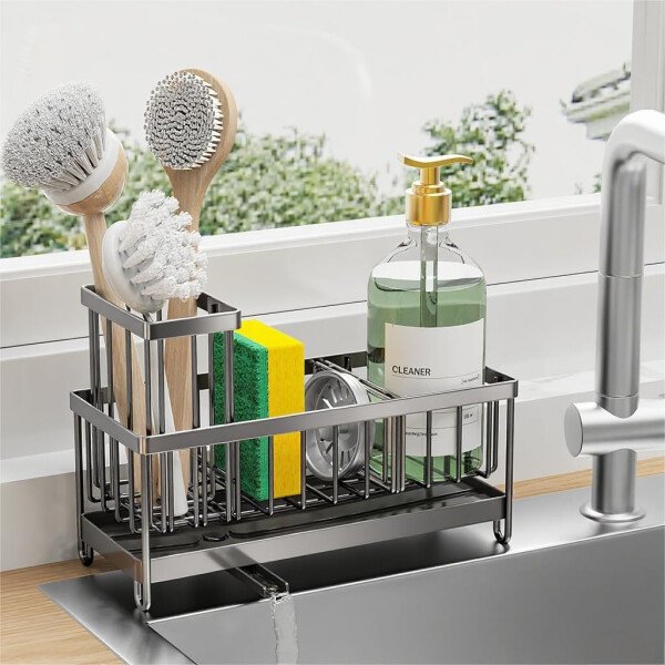 Cisily Soporte de esponja negro para fregadero de cocina, organizador de fregadero con soporte alto para cepillos, organizadores de encimera de cocina y artículos esenciales de almacenamiento, acero - Imagen 94