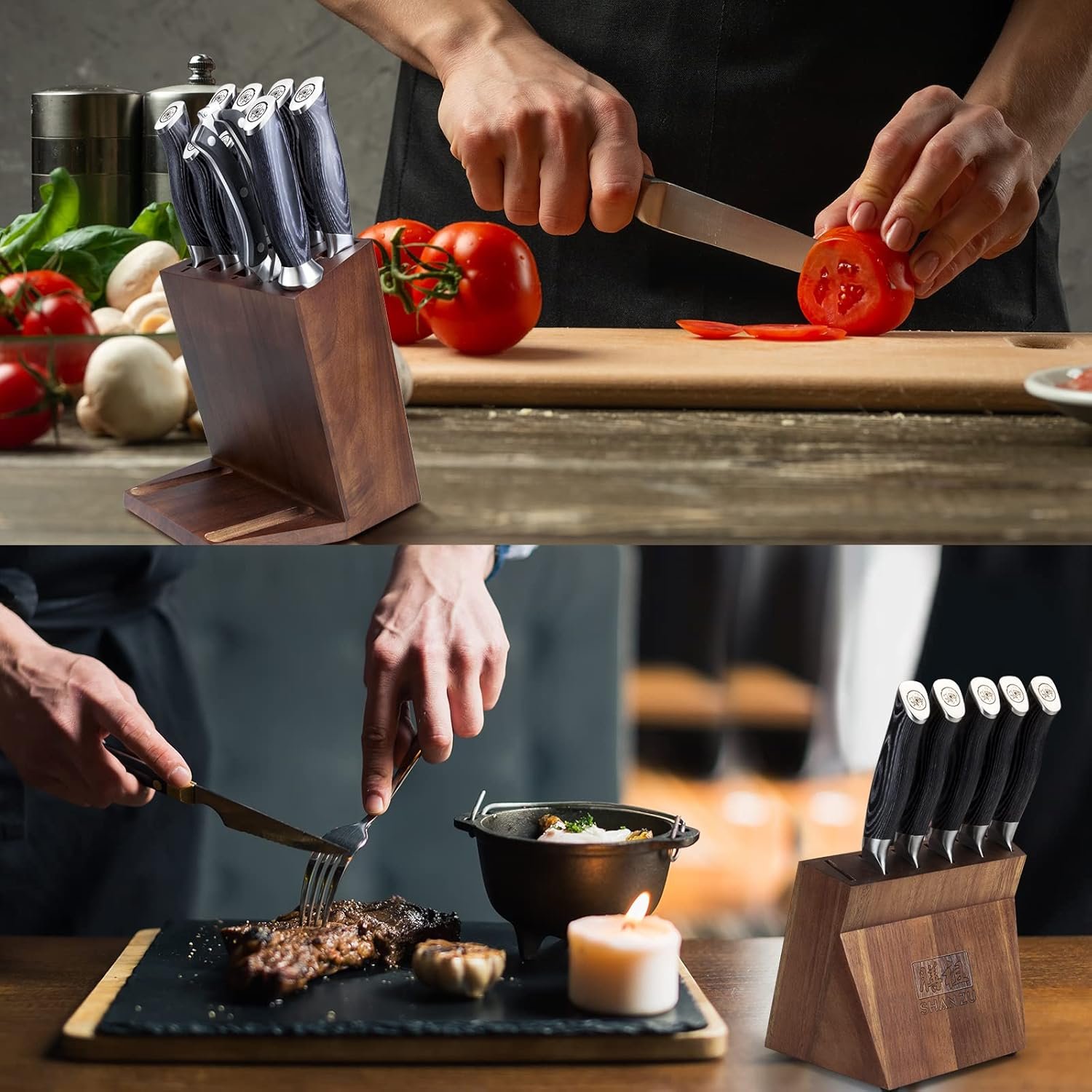SHAN ZU - Juego de cuchillos para cocina con bloque, juego de cuchillos de cocina japoneses de acero súper con bloque extraíble y mango ergonómico K133, serie Black Tortoise Genbu - Imagen 4
