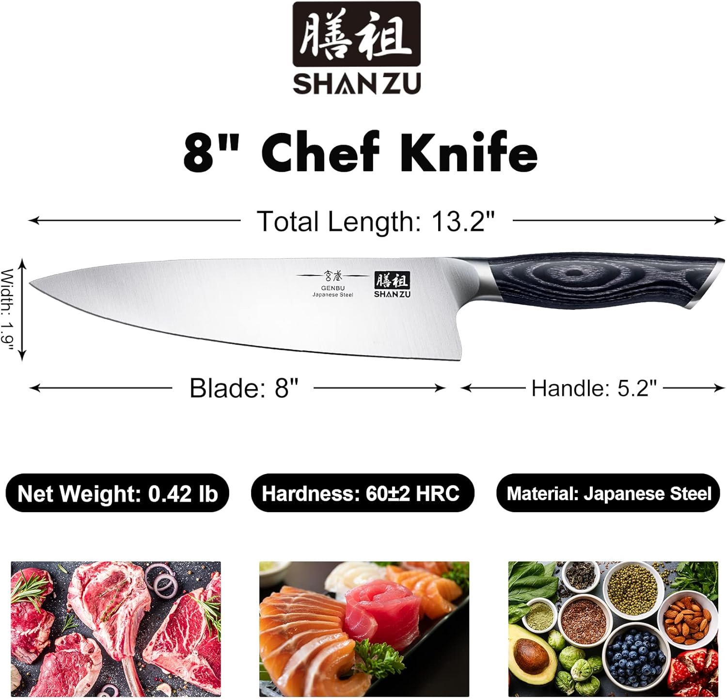 SHAN ZU - Juego de cuchillos para cocina con bloque, juego de cuchillos de cocina japoneses de acero súper con bloque extraíble y mango ergonómico K133, serie Black Tortoise Genbu - Imagen 8