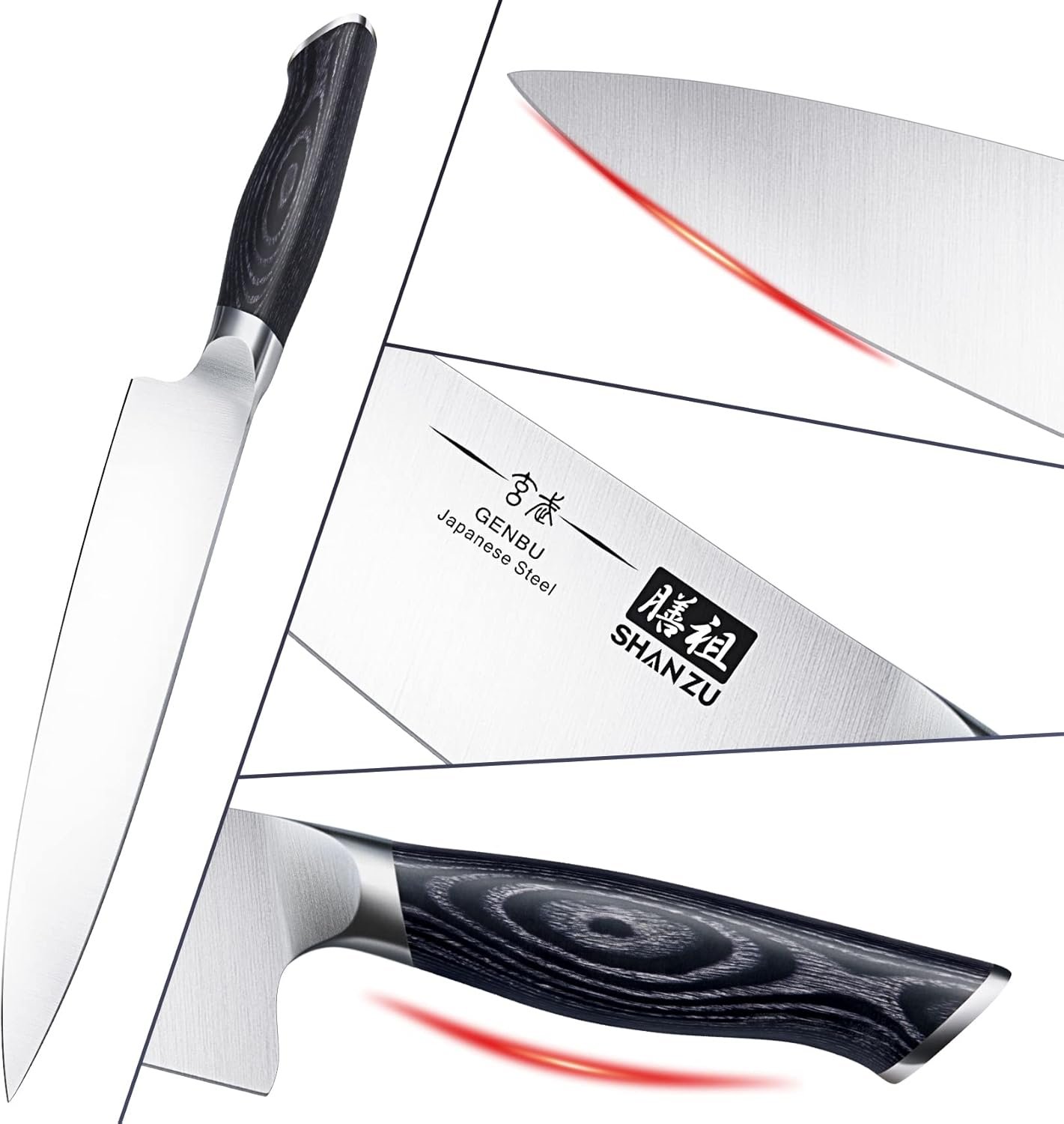 SHAN ZU - Juego de cuchillos para cocina con bloque, juego de cuchillos de cocina japoneses de acero súper con bloque extraíble y mango ergonómico K133, serie Black Tortoise Genbu - Imagen 10