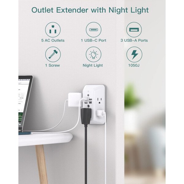 Addtam - Protector de sobretensiones, extensor de salida con luz nocturna, divisor de 5 salidas y 4 puertos USB (1 USB C), enchufe múltiple para el hogar, oficina, dormitorio, artículos esenciales - Image 2
