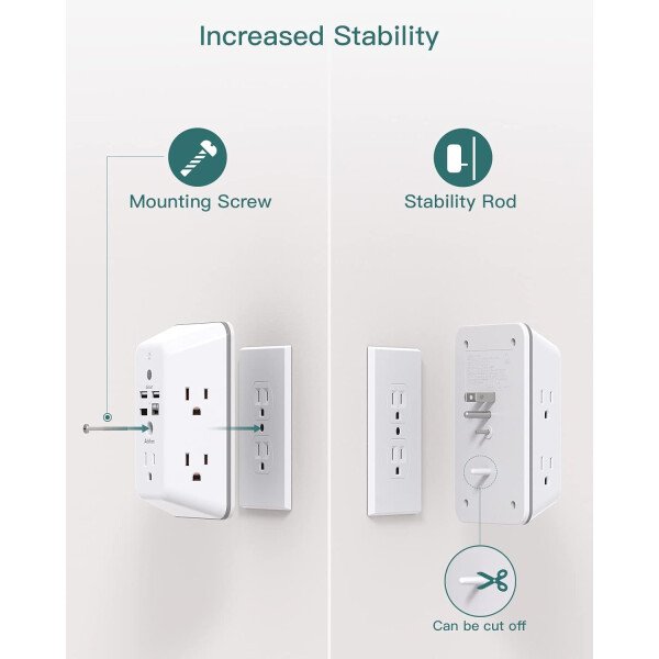 Addtam - Protector de sobretensiones, extensor de salida con luz nocturna, divisor de 5 salidas y 4 puertos USB (1 USB C), enchufe múltiple para el hogar, oficina, dormitorio, artículos esenciales - Image 4