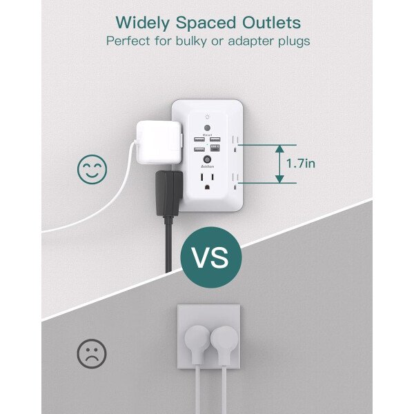 Addtam - Protector de sobretensiones, extensor de salida con luz nocturna, divisor de 5 salidas y 4 puertos USB (1 USB C), enchufe múltiple para el hogar, oficina, dormitorio, artículos esenciales - Image 5