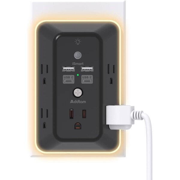 Addtam - Protector de sobretensiones, extensor de salida con luz nocturna, divisor de 5 salidas y 4 puertos USB (1 USB C), enchufe múltiple para el hogar, oficina, dormitorio, artículos esenciales - Image 8