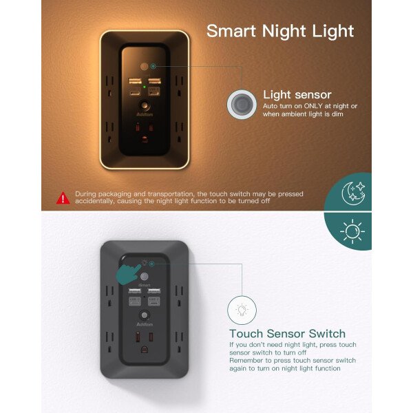 Addtam - Protector de sobretensiones, extensor de salida con luz nocturna, divisor de 5 salidas y 4 puertos USB (1 USB C), enchufe múltiple para el hogar, oficina, dormitorio, artículos esenciales - Image 10