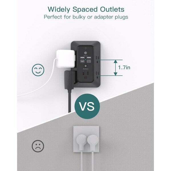 Addtam - Protector de sobretensiones, extensor de salida con luz nocturna, divisor de 5 salidas y 4 puertos USB (1 USB C), enchufe múltiple para el hogar, oficina, dormitorio, artículos esenciales - Image 12